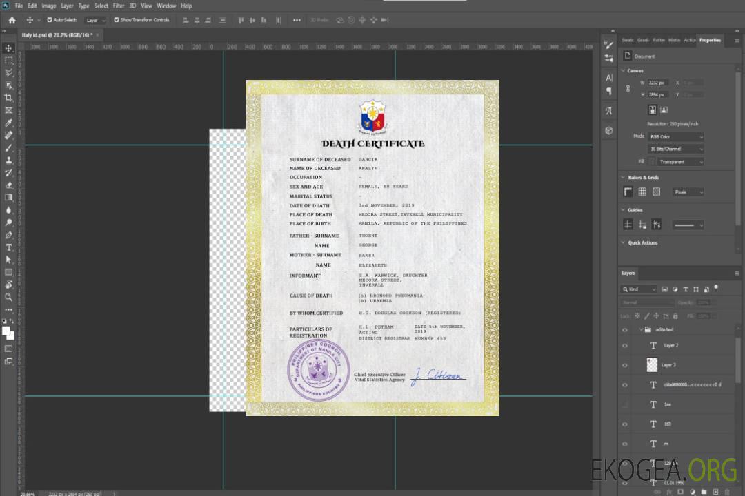 Modèle PSD de certificat de décès de l'état civil des Philippines template Modèle PSD de certificat de décès de l'état civil des Philippines template